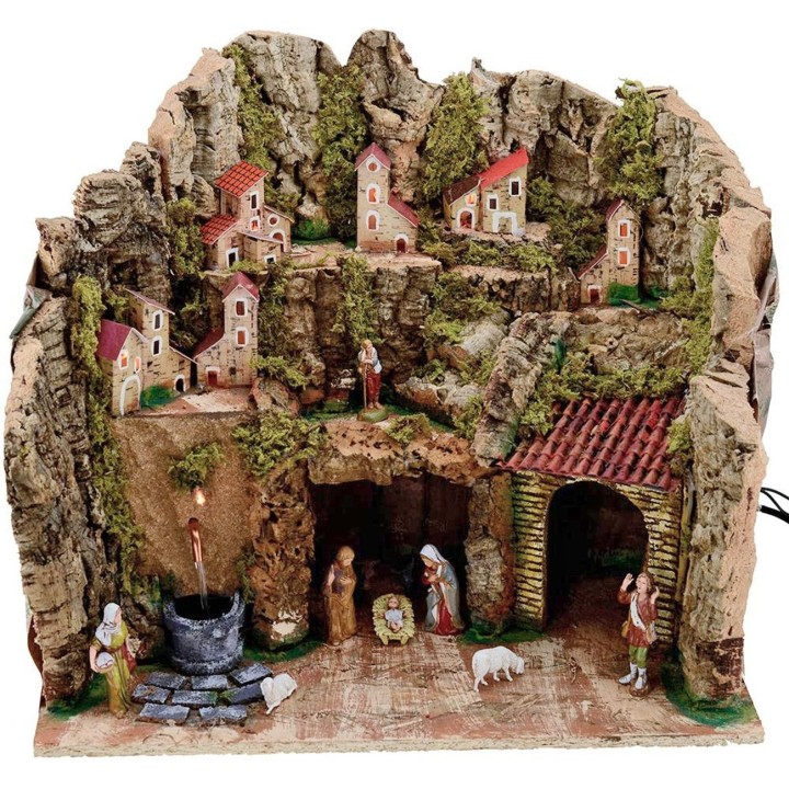 Presepe completo con statue Landi 8 cm Fontana e luci cm