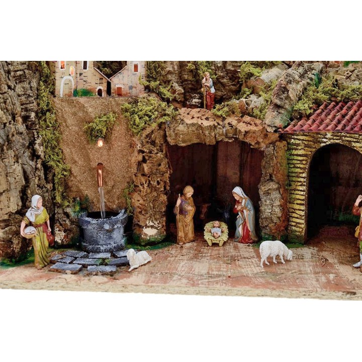 Presepe completo con statue Landi 8 cm Fontana e luci cm