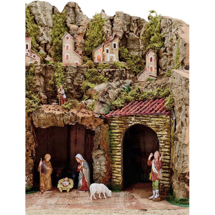 Presepe completo con statue Landi 8 cm Fontana e luci cm