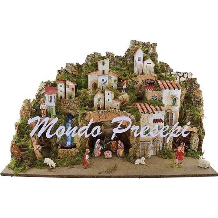 Presepe completo con statue Landi cascata e luci cm 76x40x54 h