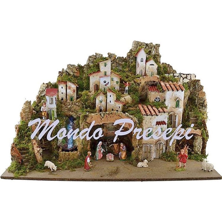 Presepe completo con statue Landi cascata e luci cm 76x40x54 h
