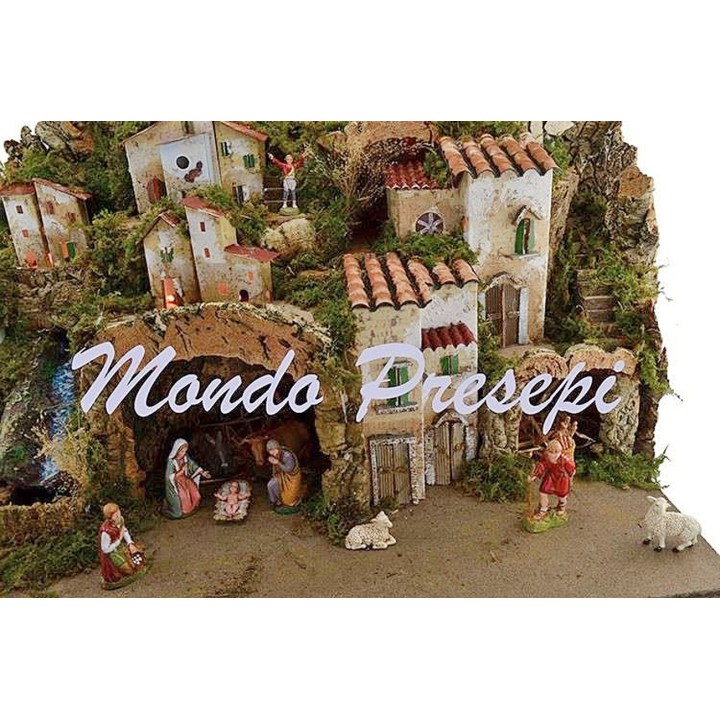 Belén completo con figuras Landi, cascada y luces cm 76x40x54 h