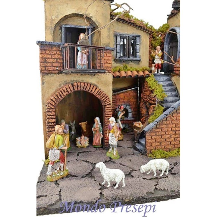 Presepe completo con statue Landi illuminato con forno cm
