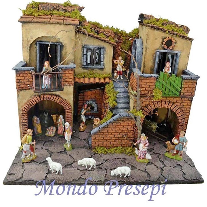 Presepe completo con statue Landi illuminato con forno cm