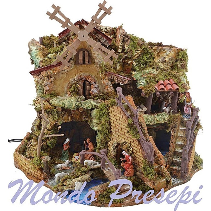 Pesebre completo con estatuas Landi molino y fuego cm 57x36x48 h