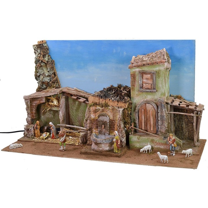 Pesebre completo de estatuas Landi con cielo y fuente