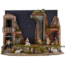 Presepe completo di statue Landi con cielo stellato illuminato