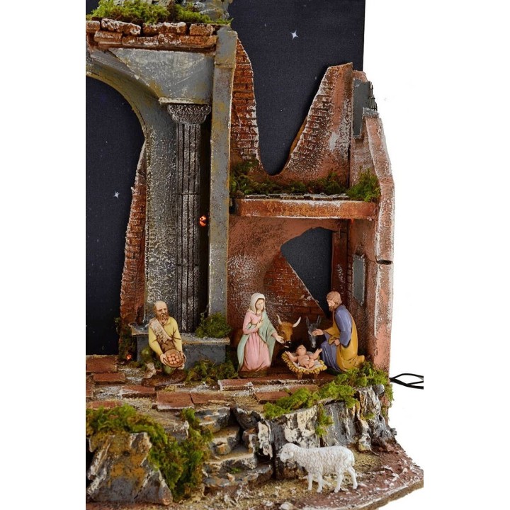 Presepe completo di statue Landi con cielo stellato illuminato