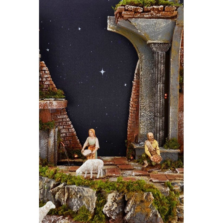 Presepe completo di statue Landi con cielo stellato illuminato