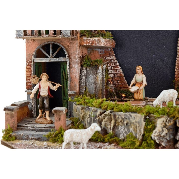 Presepe completo di statue Landi con cielo stellato illuminato