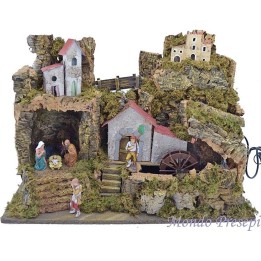 Complete nativity scene with Landi statues, water mill, and lights cm