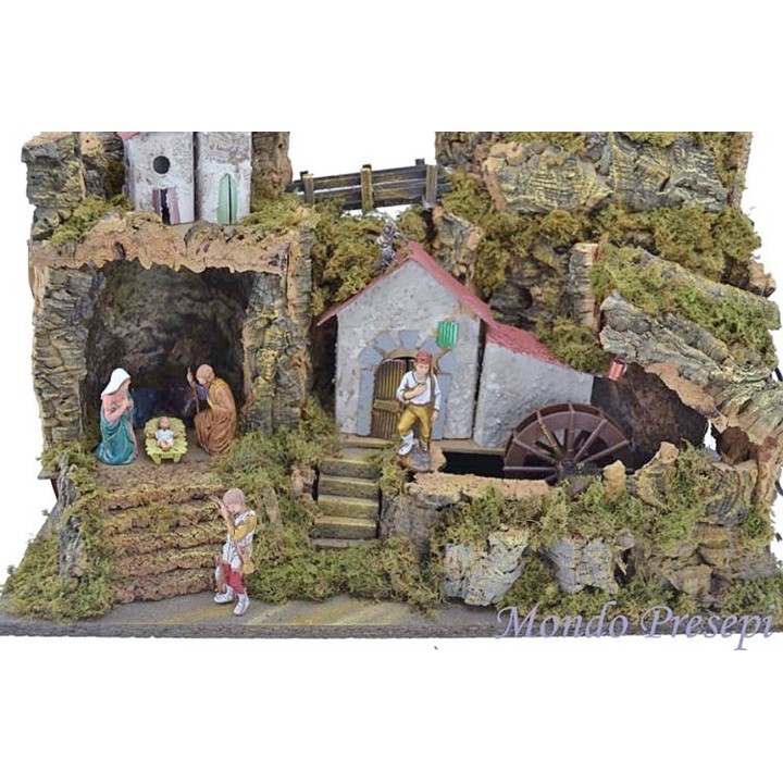 Complete nativity scene with Landi statues, water mill, and lights cm