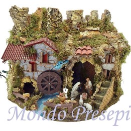 Pesebre completo con estatuas, luces y molino cm 56x37x43 h