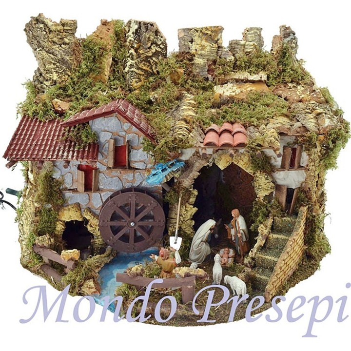Pesebre completo con estatuas, luces y molino cm 56x37x43 h