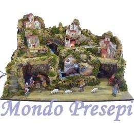 Presepe completo di statue landi con mulino e luci cm 80x50x50