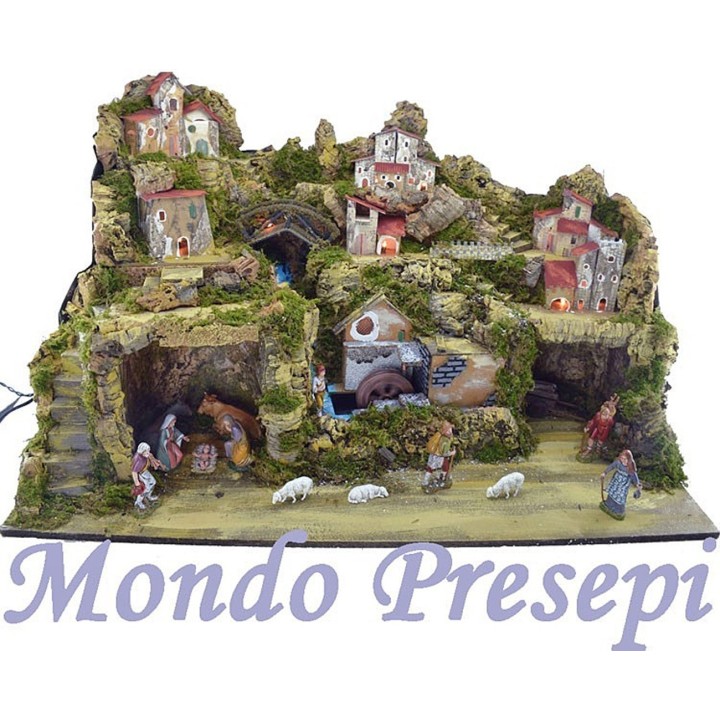 Presepe completo di statue landi con mulino e luci cm 80x50x50