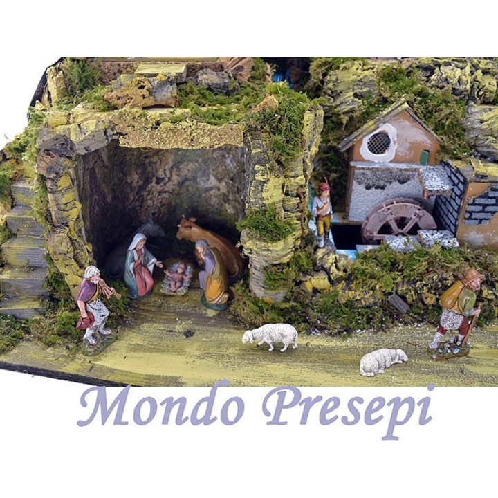 Pesebre completo con estatuas landi con molino y luces cm 80x50x50