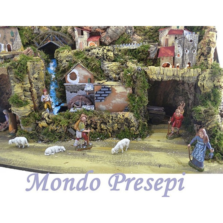 Presepe completo di statue landi con mulino e luci cm 80x50x50