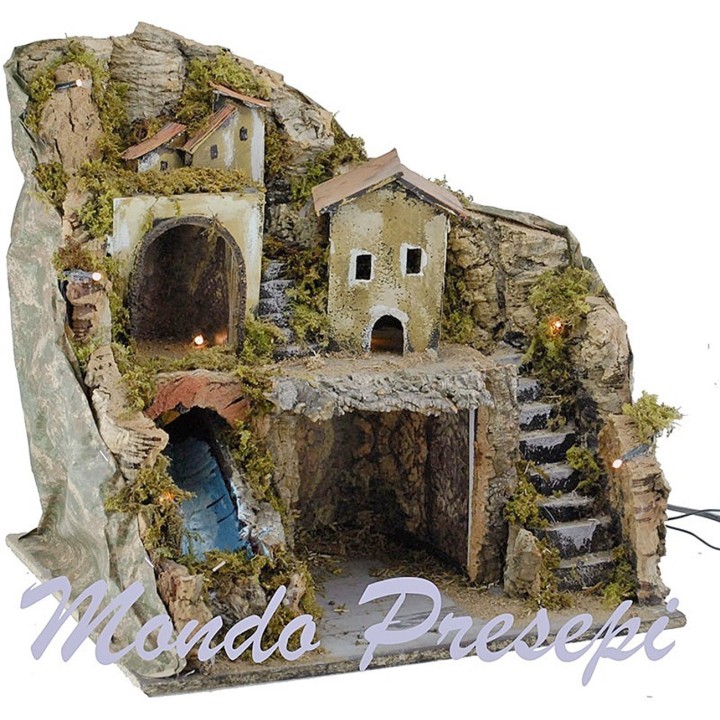 Presepe con cascata e luci cm 40x30x38