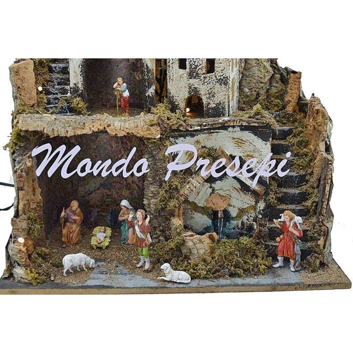Presepe con statue Landi fontana e luci cm 42x35x38 h.