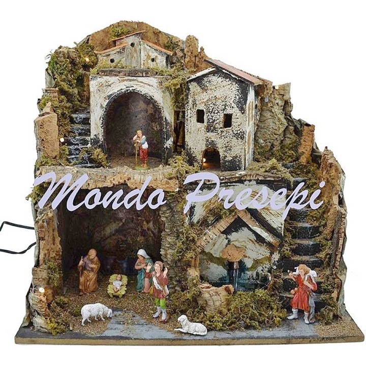 Presepe con statue Landi fontana e luci cm 42x35x38 h.