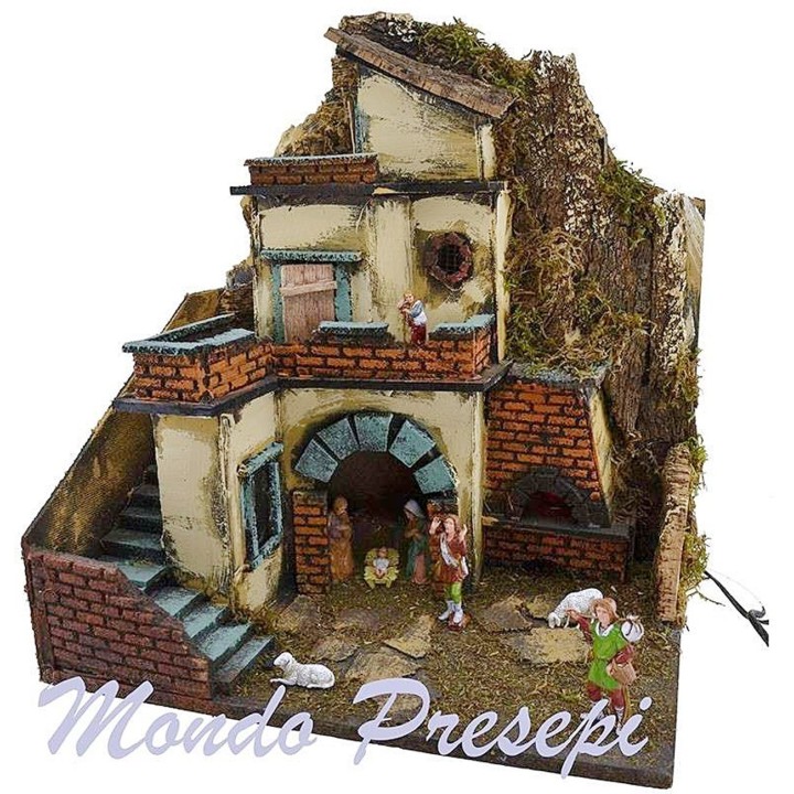 Presepe con statue Landi fuoco e luci cm 40x29x44 h.