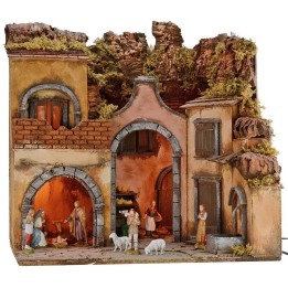 Illuminated Nativity scene complete with Landi Moranduzzo statues with