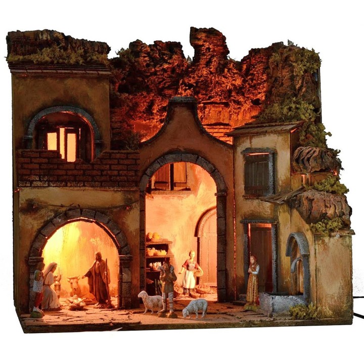 Illuminated Nativity scene complete with Landi Moranduzzo statues with