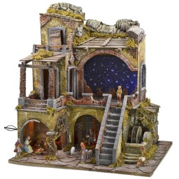 Illuminated nativity scene complete with Landi statues with starry sky