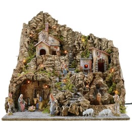 Illuminated nativity scene complete with Landi statues with oven and waterfall