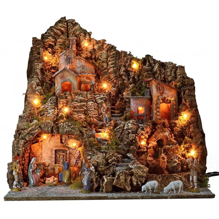 Belén iluminado completo con estatuas Landi con horno y cascada
