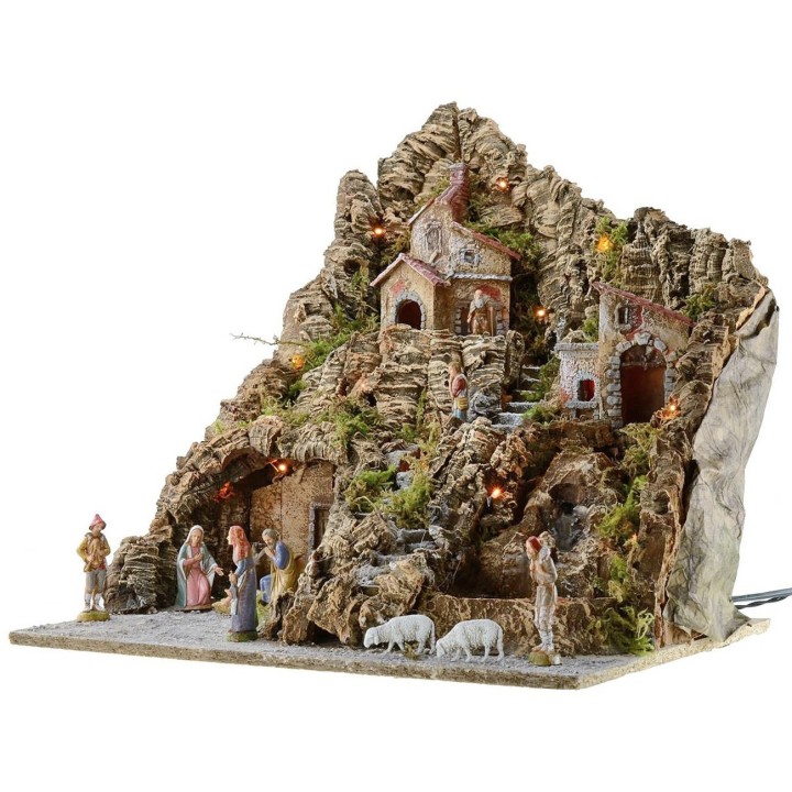 Presepe illuminato completo di statue Landi con forno e cascata
