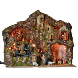 Pesebre iluminado completo con estatuas Landi con fuego y cascada