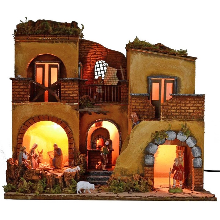 Pesebre iluminado completo con estatuas Landi con fuego