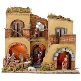 Pesebre iluminado completo con estatuas Landi con fuego