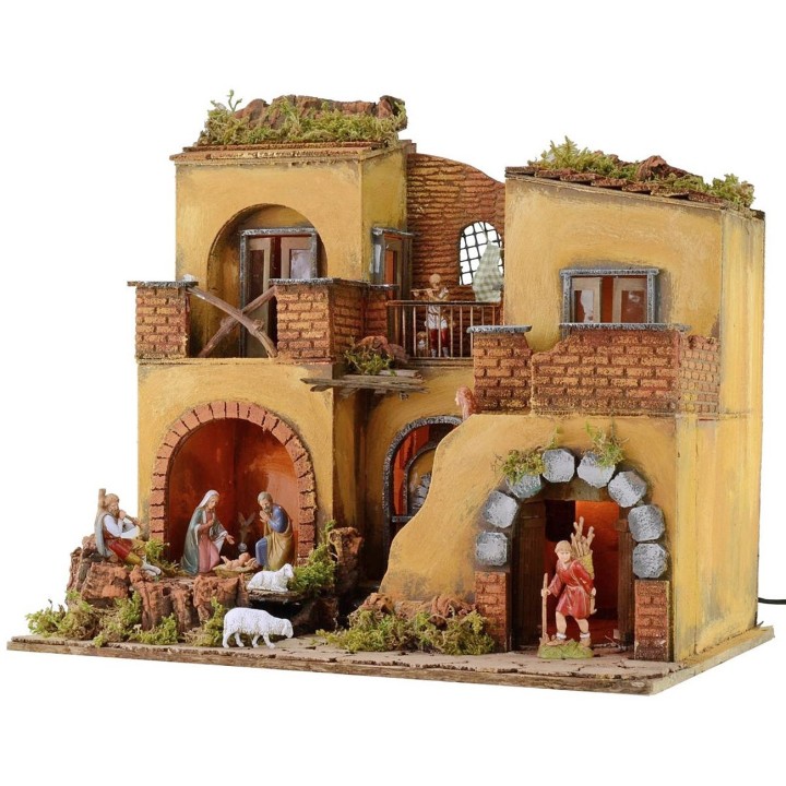 Presepe illuminato completo di statue Landi con fuoco