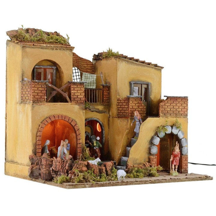 Pesebre iluminado completo con estatuas Landi con fuego