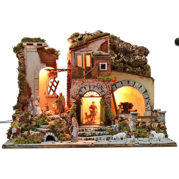 Pesebre iluminado completo con estatuas Landi con molino