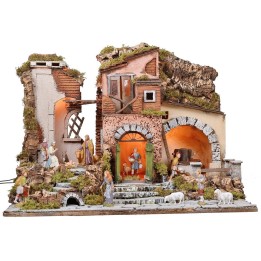 Pesebre iluminado completo con estatuas Landi con molino