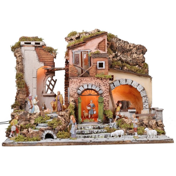 Pesebre iluminado completo con estatuas Landi con molino