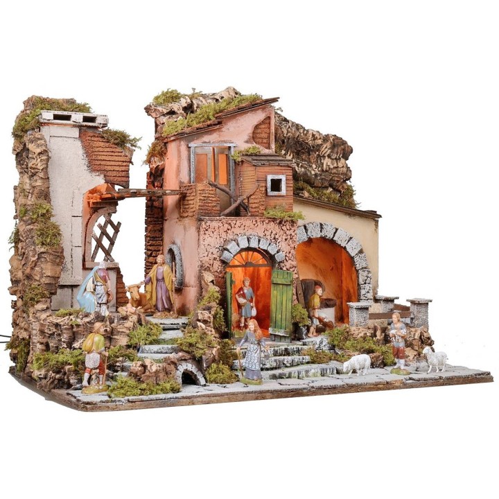 Pesebre iluminado completo con estatuas Landi con molino