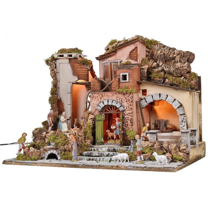 Pesebre iluminado completo con estatuas Landi con molino