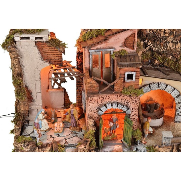 Pesebre iluminado completo con estatuas Landi con molino