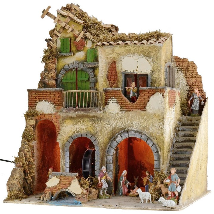 Pesebre iluminado completo con estatuas Landi con molino de agua