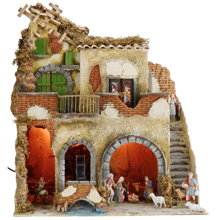 Presepe illuminato completo di statue Landi con mulino ad acqua