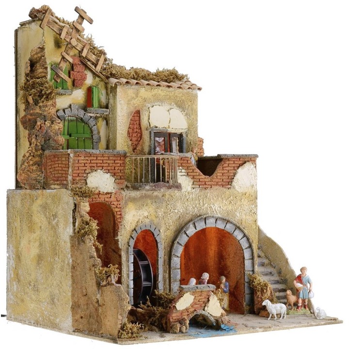 Pesebre iluminado completo con estatuas Landi con molino de agua