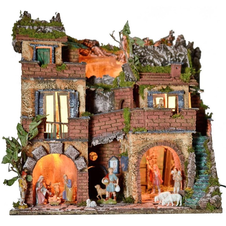 Presepe illuminato completo di statue Landi con specchio