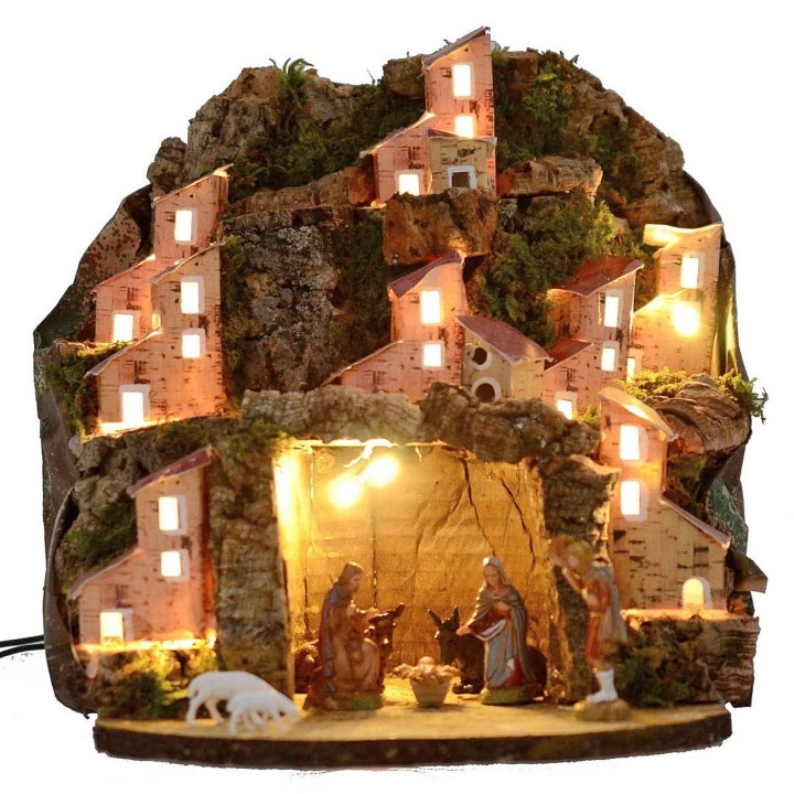 Presepe illuminato completo di statue Landi con villaggio e