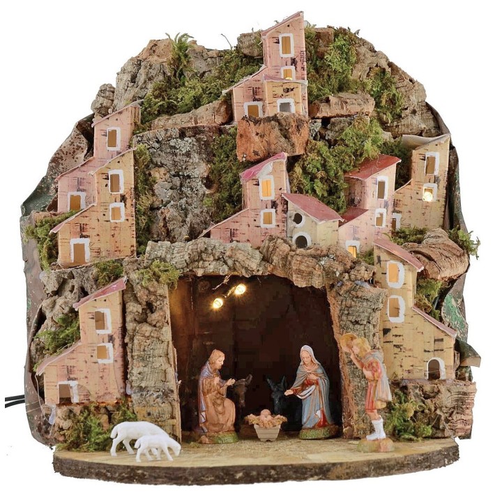 Presepe illuminato completo di statue Landi con villaggio e