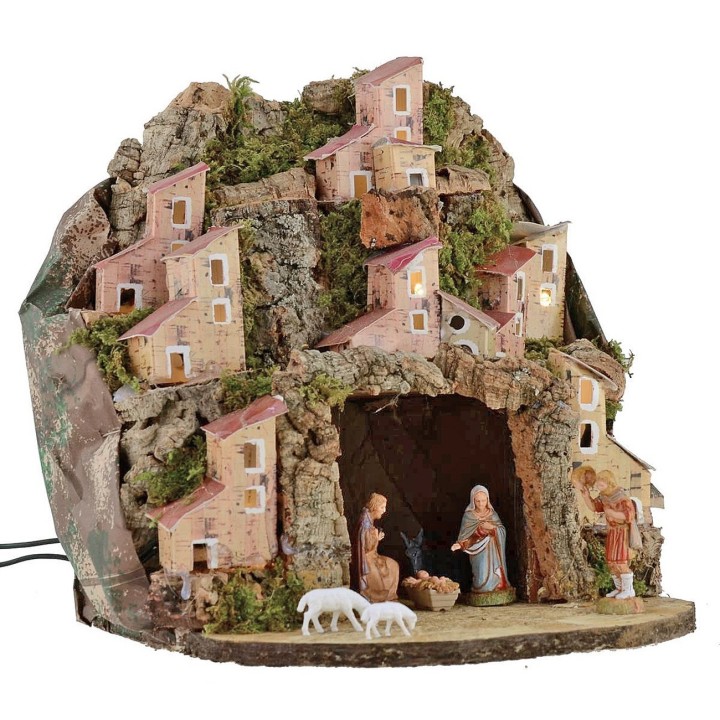 Belén iluminado completo con estatuas Landi y pueblo